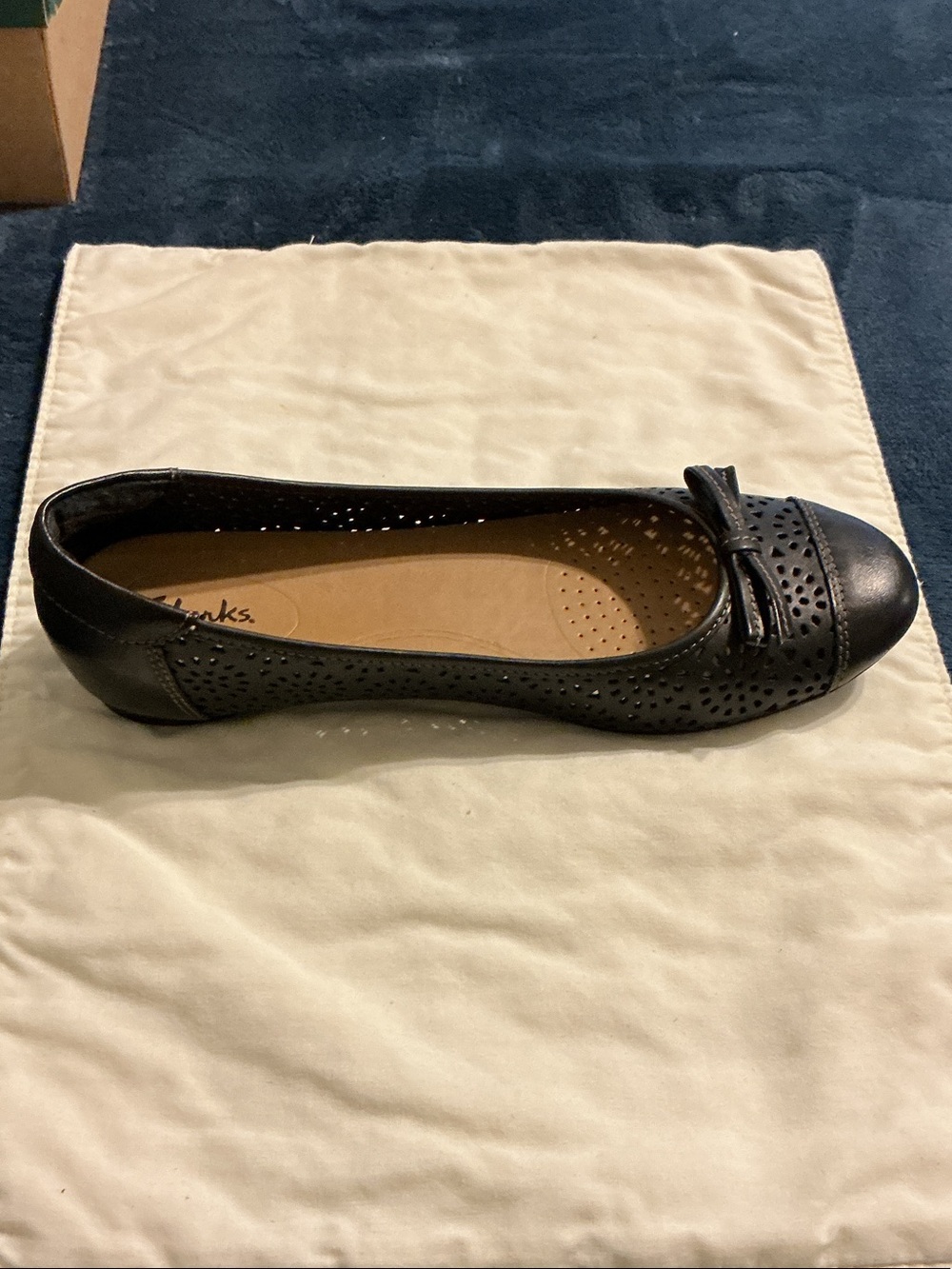 Clarks Black Perforated Leather Ballet Flat with Bow Accent